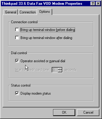 [This is a picture of the Windows property sheet used to set the modem options.]
